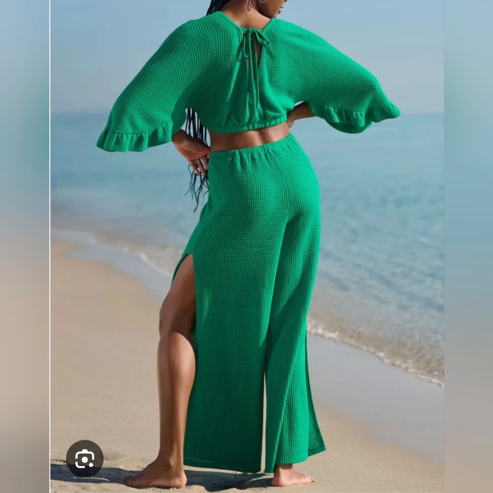 VENUS Women's Swimsuit Waffle Knit Cover-Up Pants And Top Set Sz XL Green